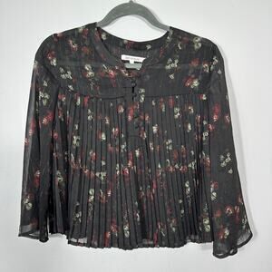 Avec Les Filles Womens XS Black Floral Pleated Sheer Blouse Boho Romantic